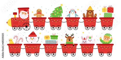 Christmas train set with cute holiday characters and accessories in wagon vector illustration