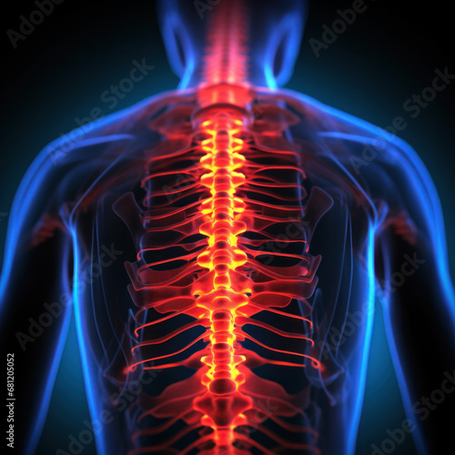 Fluorography of human spine visualising pain with red and orange colours.