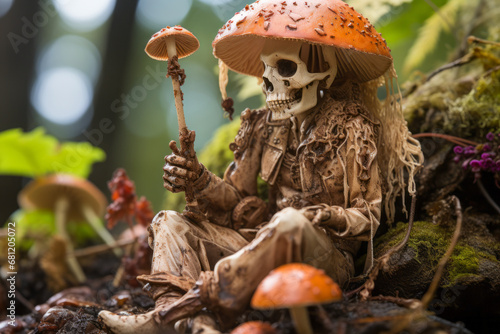 Skeleton sitting under mushroom umbrella on forest floor. photo