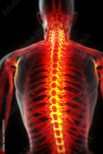 Fluorography of human spine visualising pain with red and orange colours.