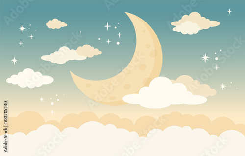 Children graphic illustration for nursery wall. Wallpaper design for kids room interior. Vector illustration with moon  in the sky