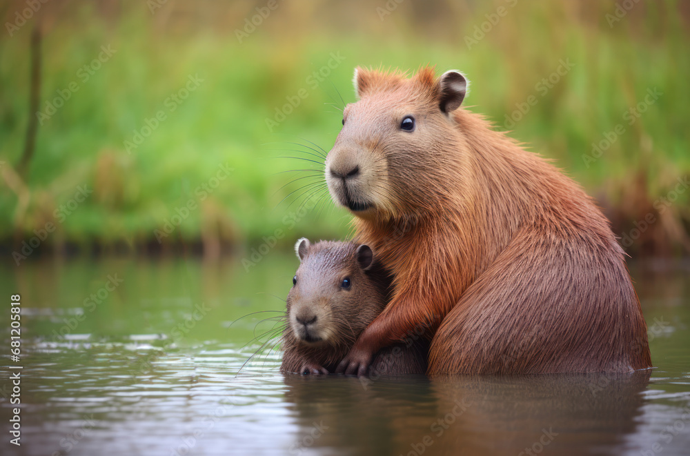 Capybara hugs capybara on the grass Capybara hugs capybara on the grass