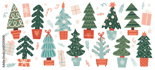 Decorative Christmas fir spruce trees with and without decoration hand drawn set vector illustration