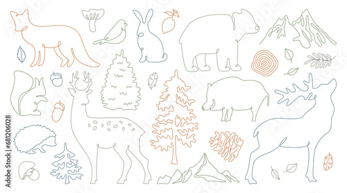 Collection of continuous single line forest animals character vector illustration isolated on white