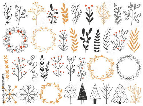 Winter floral doodles set with plant leaves and twigs round wreath, natural seedlings and spruce