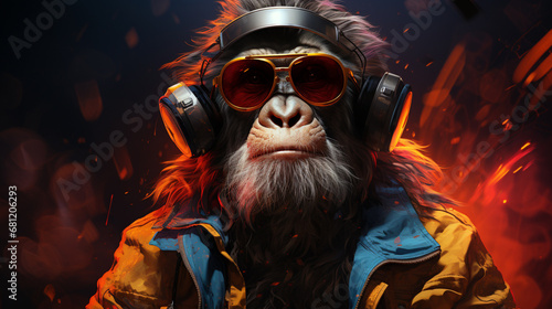 Bright monkey with headphones and sunglasses looks like Dj. generative ai photo