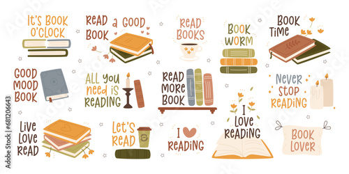 Books stacks for reading and motivation lettering stickers isolated set vector illustration