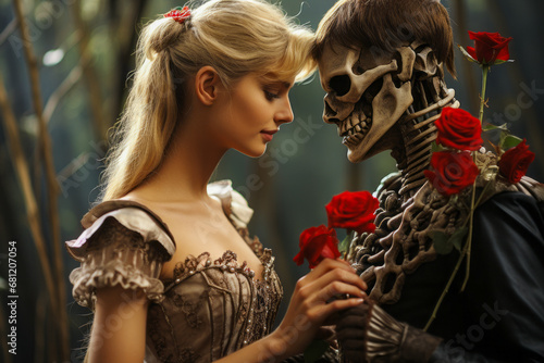 Human skeleton with red rose and flirtatious blonde girl. photo
