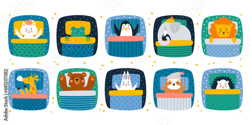 Cute adorable animals characters sleeping in bed under blanket isolated set vector illustration