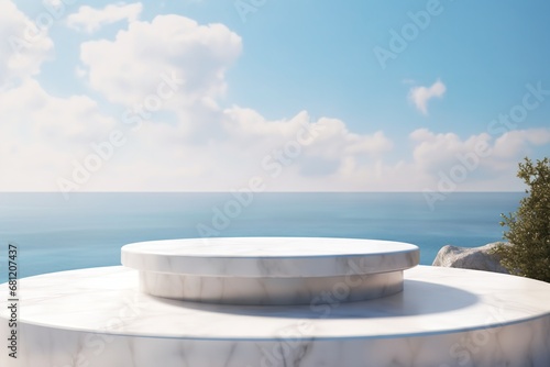 3d display marble podium with sea on background product presentation platform pedestal