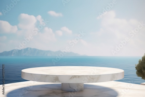3d display marble podium with sea on background product presentation platform pedestal