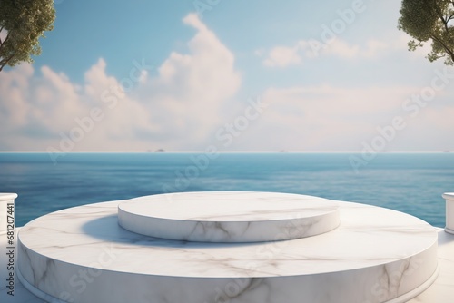 3d display marble podium with sea on background product presentation platform pedestal © Pedro