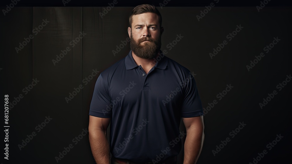 the professionalism and confidence of a clean-cut 30-year-old workman, on the individual wearing a navy golf shirt, standing with a sense of poise and readiness for the job at hand.