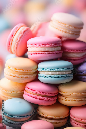 Macaroons close-up, side view. pastel colors, multi colored dessert. Empty space for your text. Cookies, pastries, flour products.