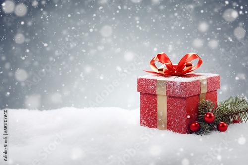 christmas gift box on snow winter wallpaper background
