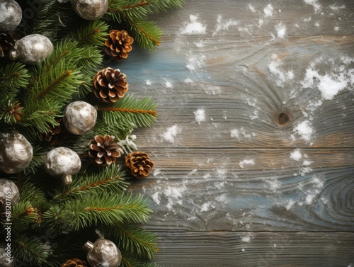 Christmas stone background with snow fir tree.Top view with copy space