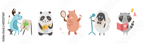 Cute Animal Character Engaged in Different Activities Vector Set