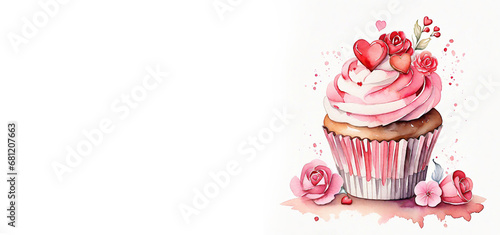 watercolor illustration, romantic desserts and sweets, cupcake decorated with pink cream and hearts, valentines day, banner, place for text photo