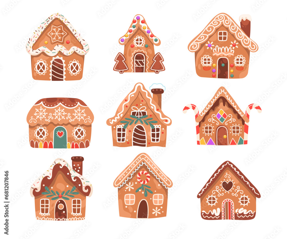 Gingerbread houses Christmas sweet cookies, glazed biscuits different design set vector Illustration