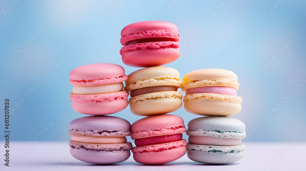 Macaroons close-up. A pyramid of cakes. A pile of cookies. Delicate pink and blue colors, delicious dessert. Macaroons close-up. A pyramid of cakes. A pile of cookies. Delicate pink and blue colors, delicious dessert.