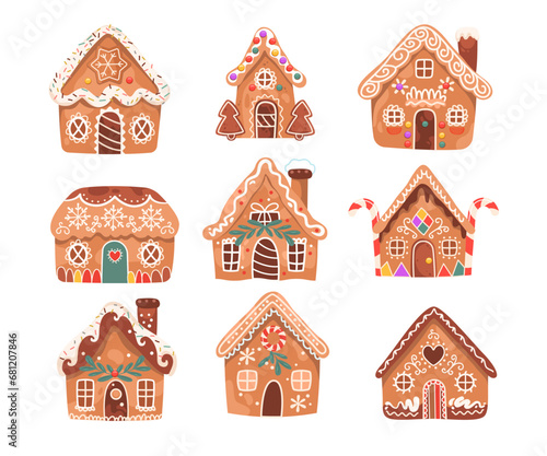 Gingerbread houses Christmas sweet cookies, glazed biscuits different design set vector Illustration