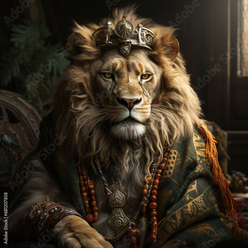 lion king portrait wearing a knight armor. generative ai