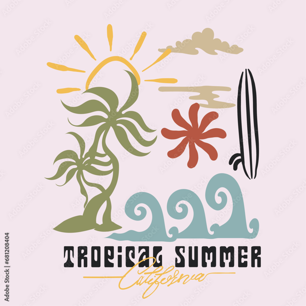  Tropical summer Boohoo Cartoon Elements in vector T-shirt Graphic, palm tree waves sun surfboard also text print in this design, modern hand drwn summer beach art - obrazy, fototapety, plakaty 