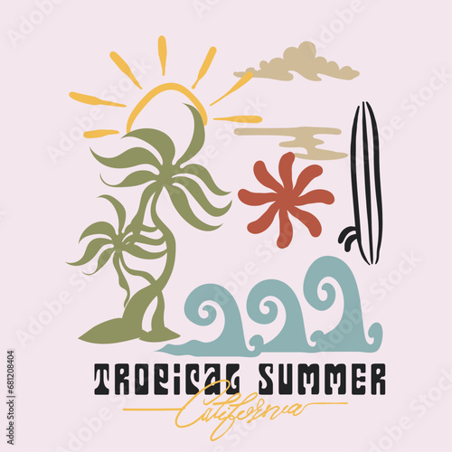  Tropical summer Boohoo Cartoon Elements in vector T-shirt Graphic, palm tree waves sun surfboard also text print in this design, modern hand drwn summer beach art