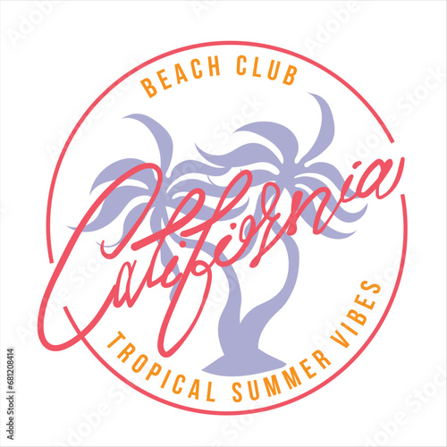 Women's graphic tee for tropical summer vibes in California round stamp type text print, inside the design modern artistic palm tree, use this art for t-shirt, sweatshirt, for women's, girls