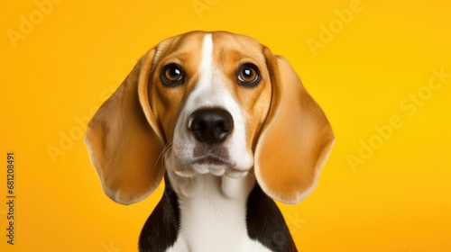 Beagle's close-up face on clean yellow backdrop.