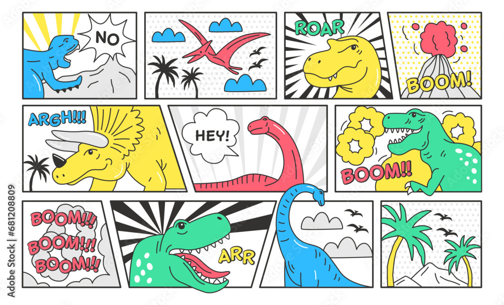 Trendy retro comics in pop art style with dinosaur vector illustration isolated sticker set