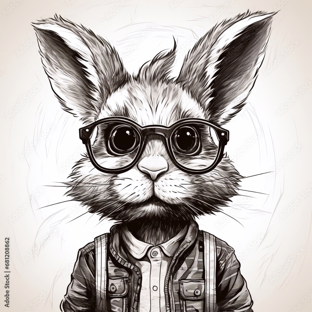 Rabbit hipster animal portrait. Hand drawn  illustration in sketch style. Generative AI