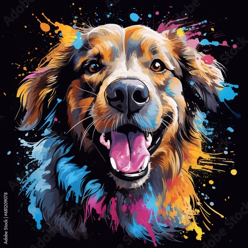 Portrait of a dog with colorful splashes on a black background. generative AI