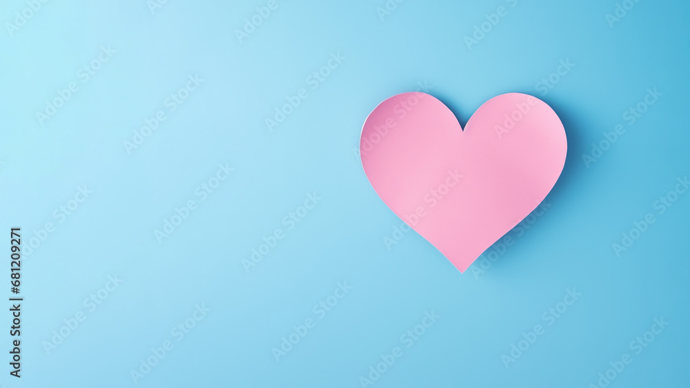 A pink paper heart is lying on a blue background, free space on the right, top view, generated with AI. 