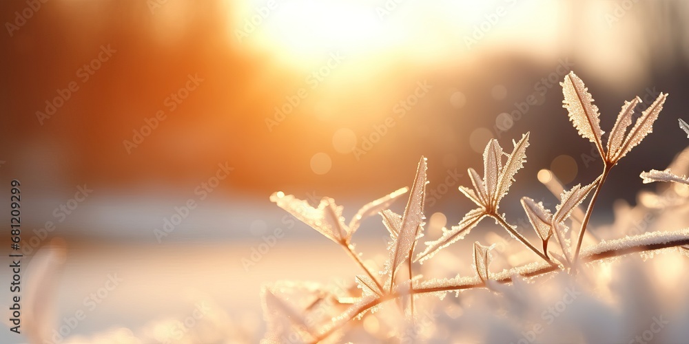 Winter season outdoors landscape, frozen plants in nature on the ground covered with ice and snow, under the morning sun. Seasonal background for Christmas wishes and greeting card - obrazy, fototapety, plakaty 