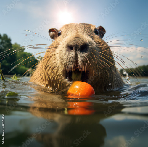 capybara eats carrots in the water photo