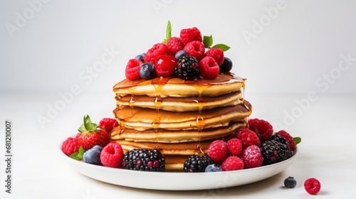pancakes with honey and berries on the table.