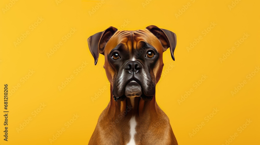 Close-up of joyful Boxer dog on clean yellow backdrop.