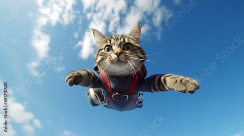 sky diver cat jumping trough the sky with scary expression. generative ai