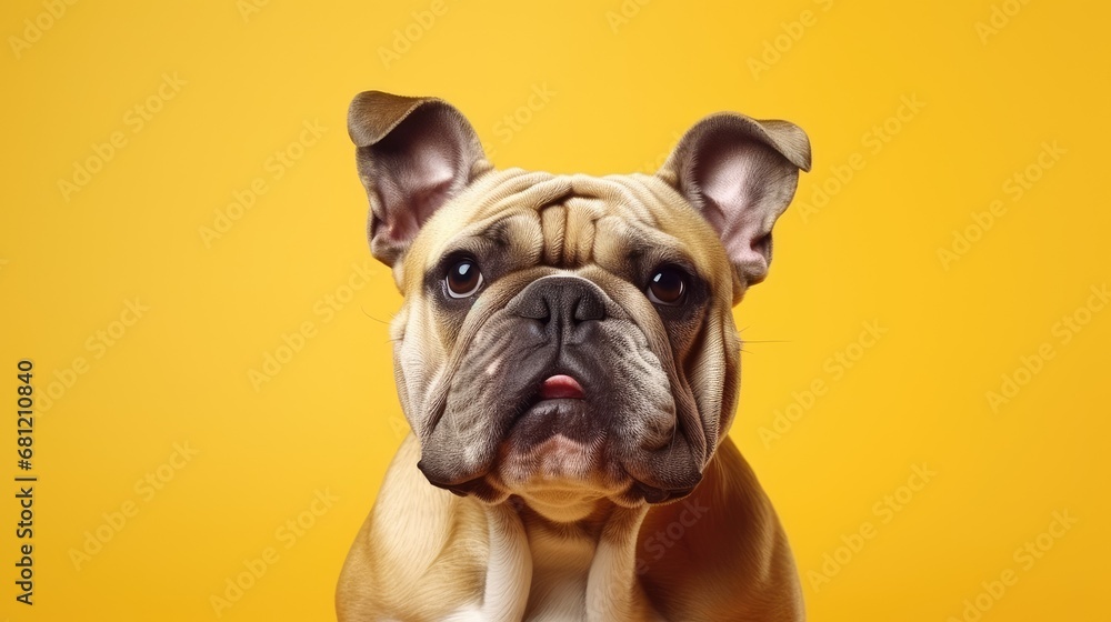 Close-up of joyful Bulldog on clean yellow backdrop.
