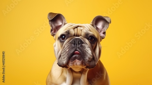 Close-up of joyful Bulldog on clean yellow backdrop.