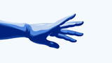 international volunteers day, blue hand reaching blue hand on white background,  hands reaching up to help each other