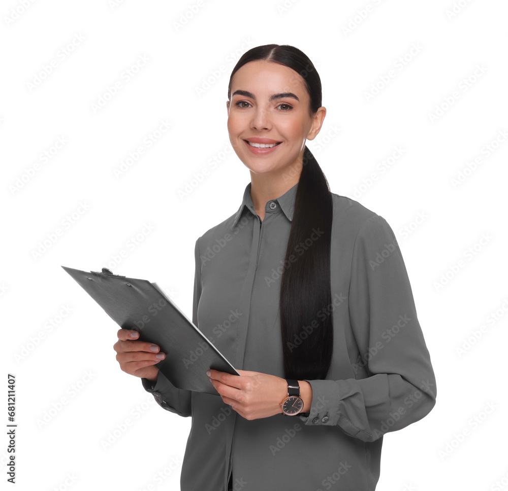 Portrait of smiling woman with clipboard on white background. Lawyer, businesswoman, accountant or manager Portrait of smiling woman with clipboard on white background. Lawyer, businesswoman, accountant or manager