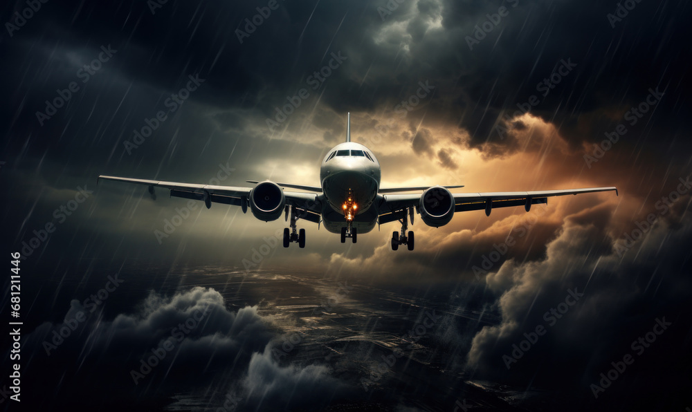 an airplane that takes off among thunderclouds, rain and stormy winds