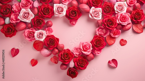 red hearts and roses against a bright and colorful backdrop, a pink background to create a visually striking scene, leaving ample space for text to convey messages of love and affection.