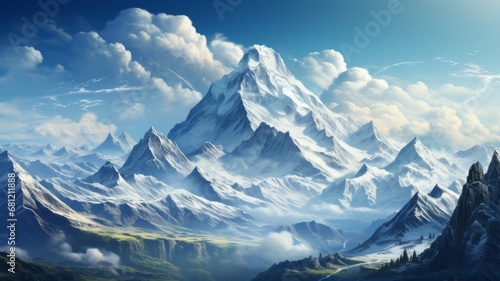 Panoramic winter landscape with snow-capped mountains and scenic views