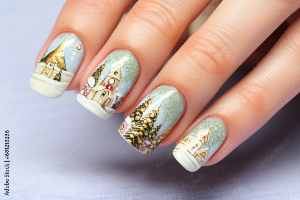 Woman's hands with manicured nail with Christmas ornaments Woman's hands with manicured nail with Christmas ornaments