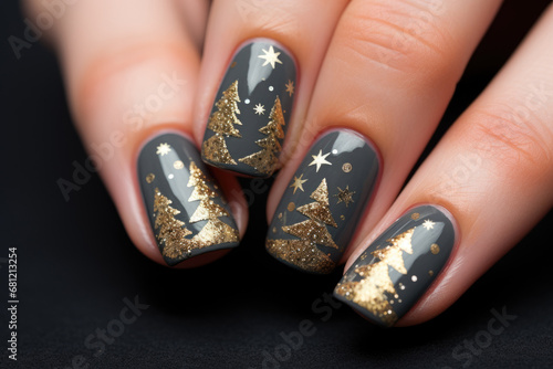 Woman's hands with manicured nail with Christmas ornaments photo