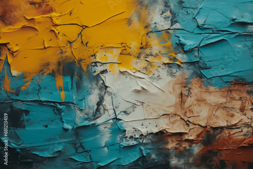 An abstract painting featuring textured layers of blue and yellow paint  creating a bold and impactful visual effect.