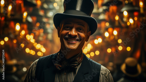 Charismatic ringmaster with top hat in crowded circus. photo